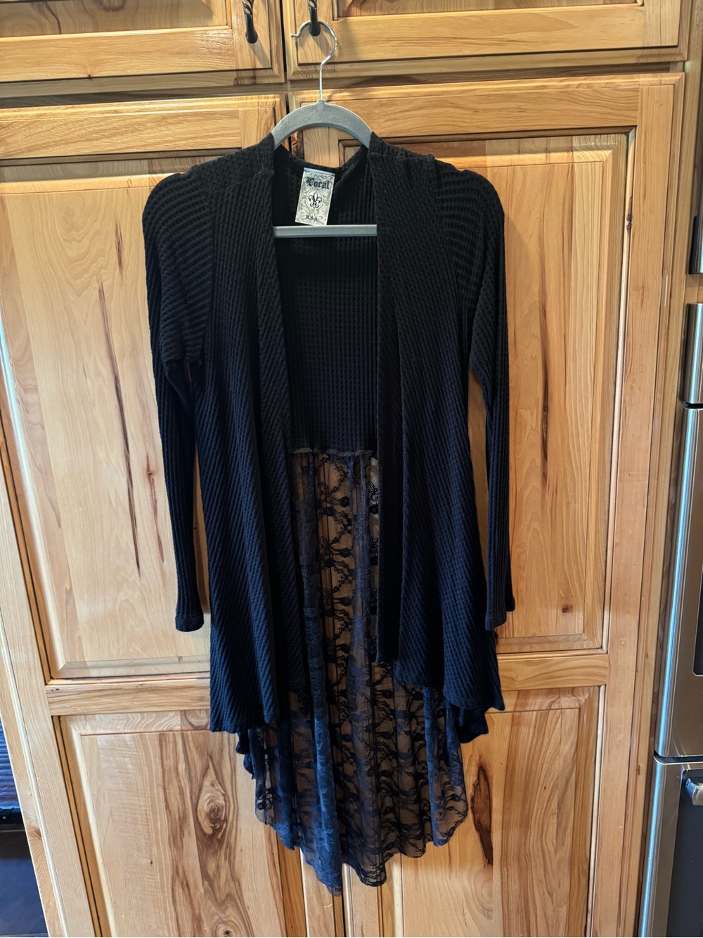 Vocal Black Open-Front Long Cardigan with Lace Trim